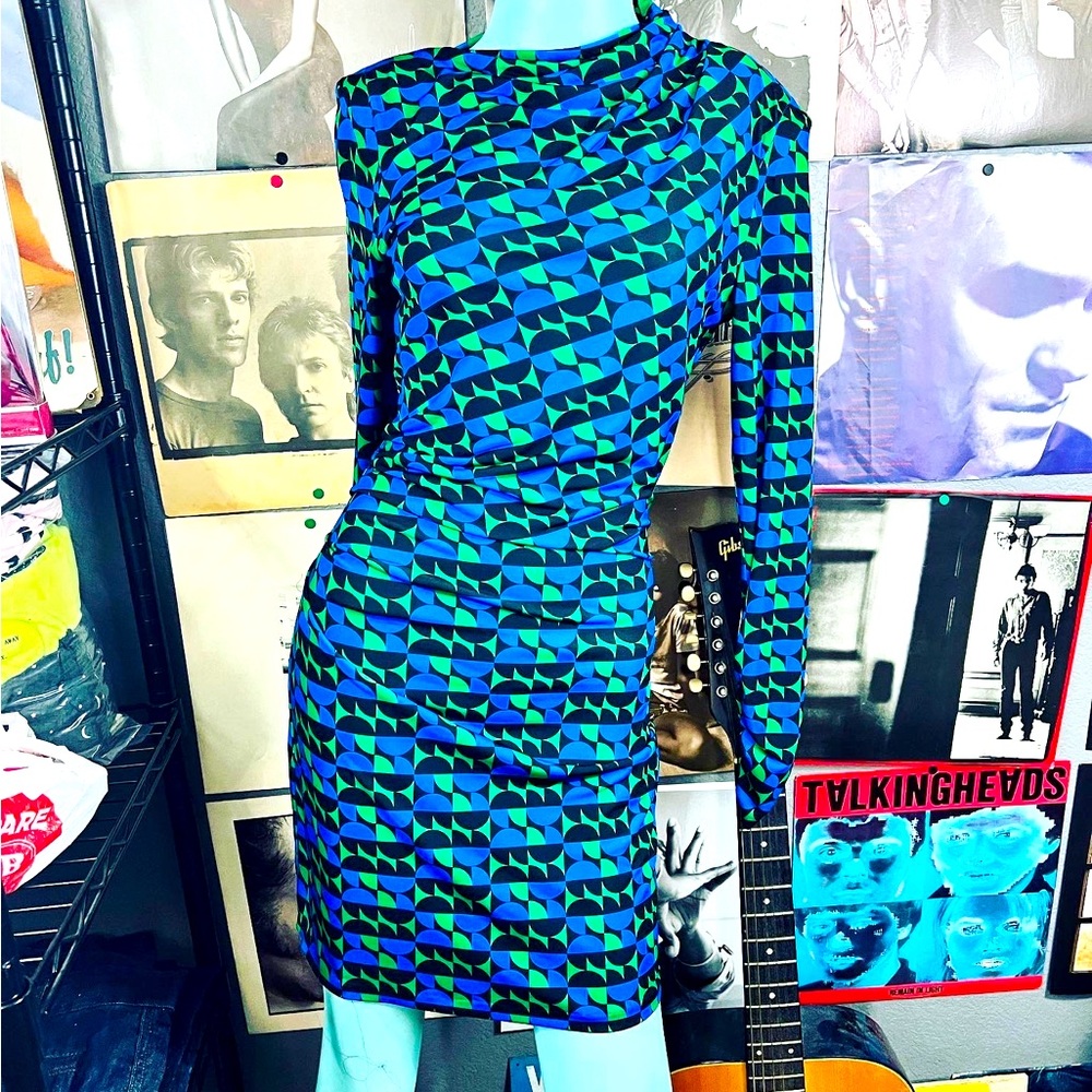 NEW Zara Geometric Blue and Green Dress With Shoulder Pads